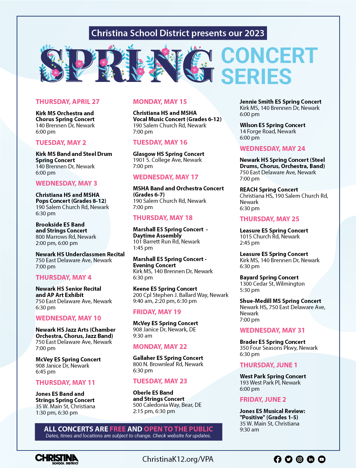 Christina School Distirct Spring Concert Flyer - List of all spring concerts